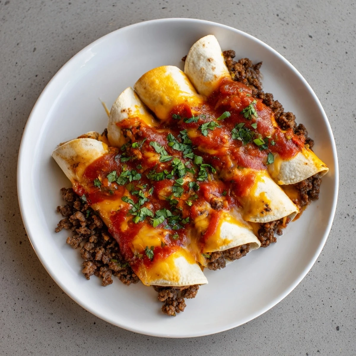Golden baked Beef Enchiladas, smothered in a homemade red sauce with a cheesy, irresistible topping.