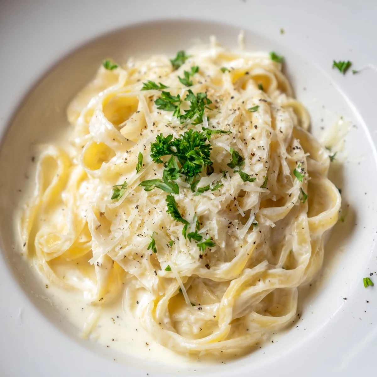 Close-up of freshly made creamy garlic Parmesan pasta, garnished with parsley and extra Parmesan cheese.