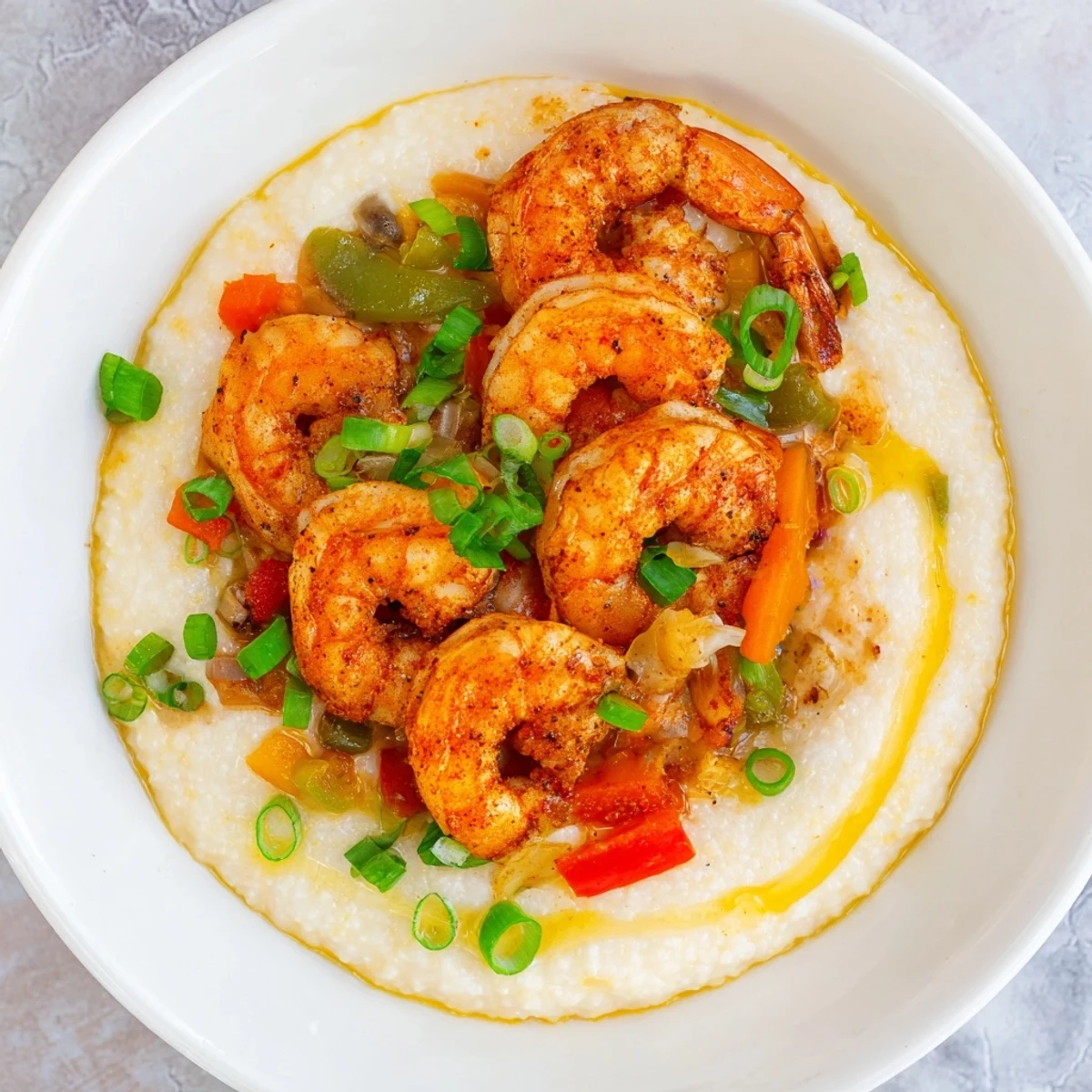 Steaming bowl of spicy Cajun shrimp and grits, a flavorful Southern comfort food dish.