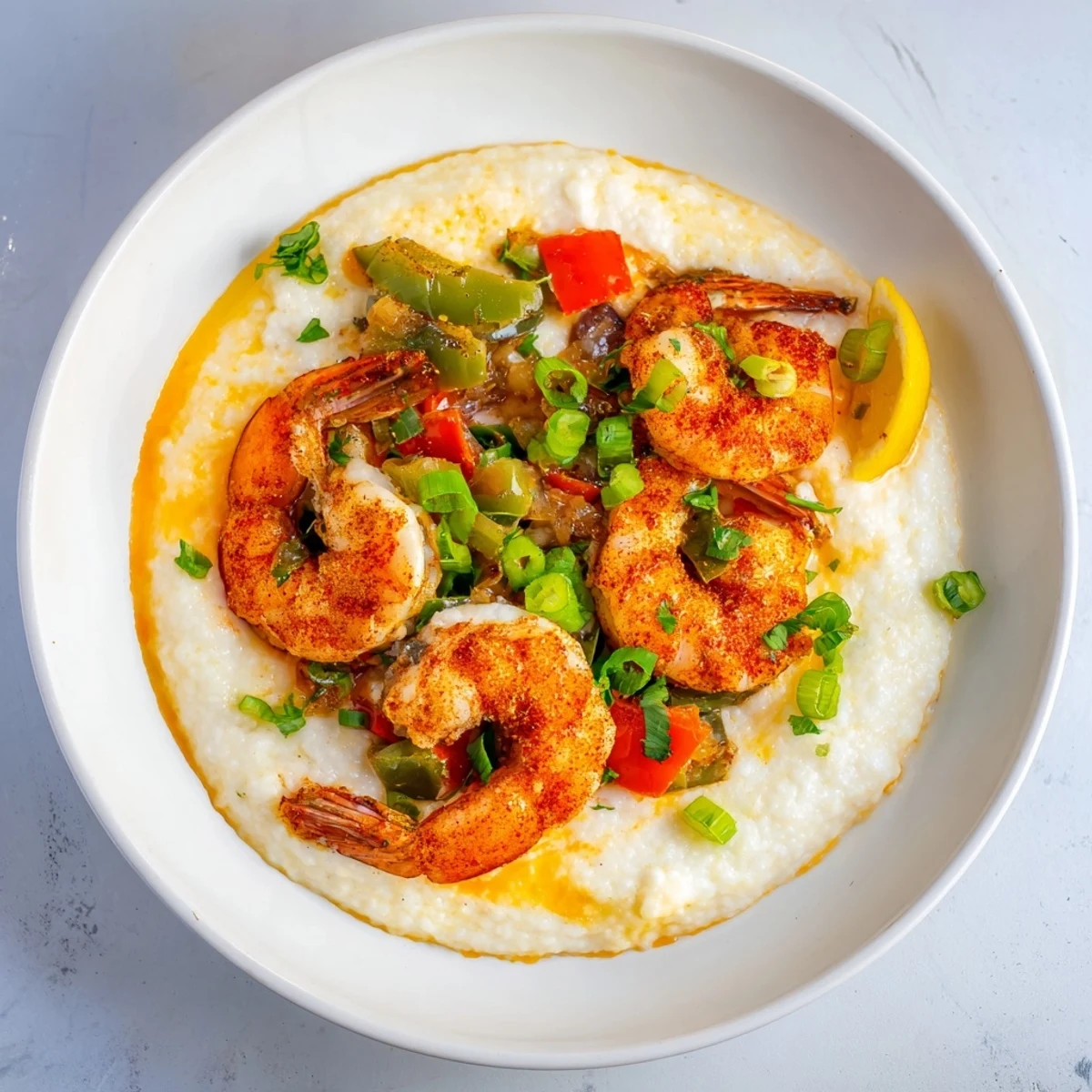 Vibrant image of Cajun shrimp and grits: creamy grits topped with plump, spicy shrimp and fresh herbs.