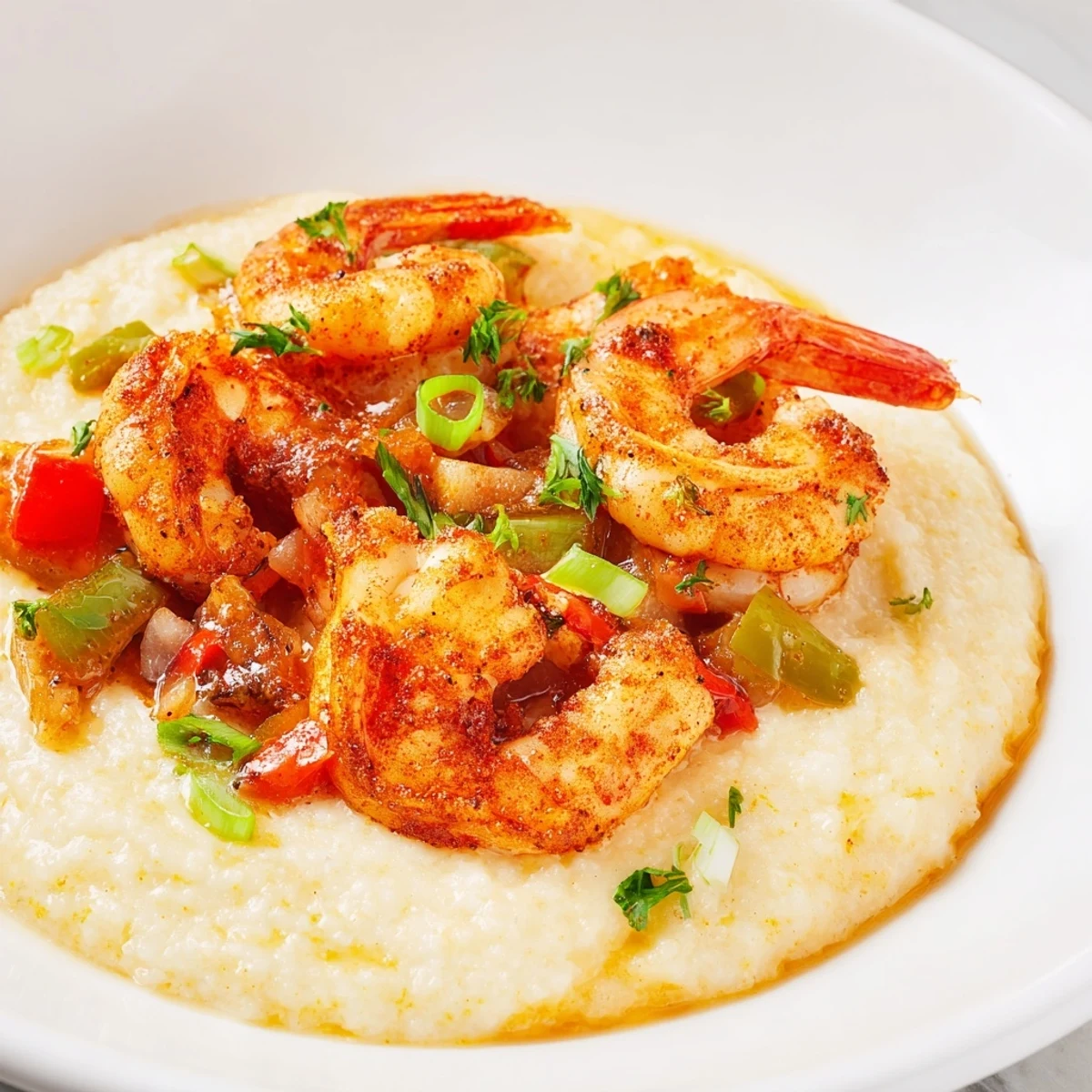Delicious and colorful plate of Cajun shrimp and grits: a rich, satisfying Southern meal ready to eat.