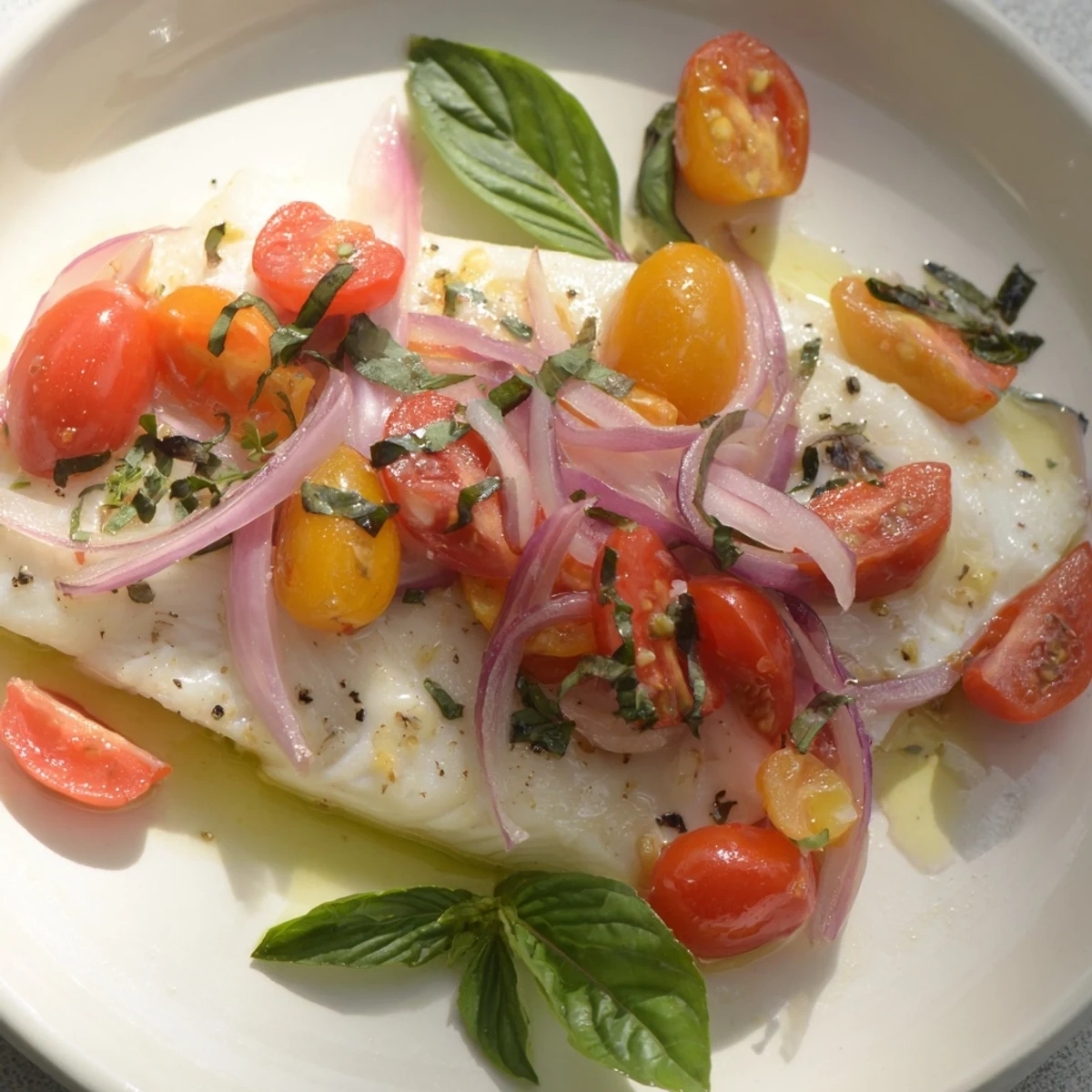 Baked halibut with cherry tomatoes, a Mediterranean dish with juicy, roasted tomatoes and flaky fish.