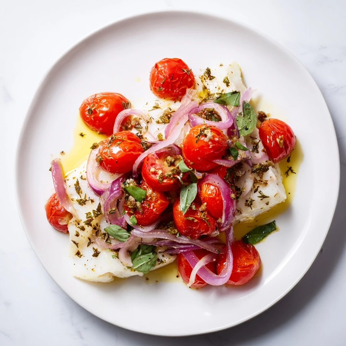 Delicious baked halibut recipe, showcasing a colorful mix of tomatoes and aromatics, perfect for dinner.