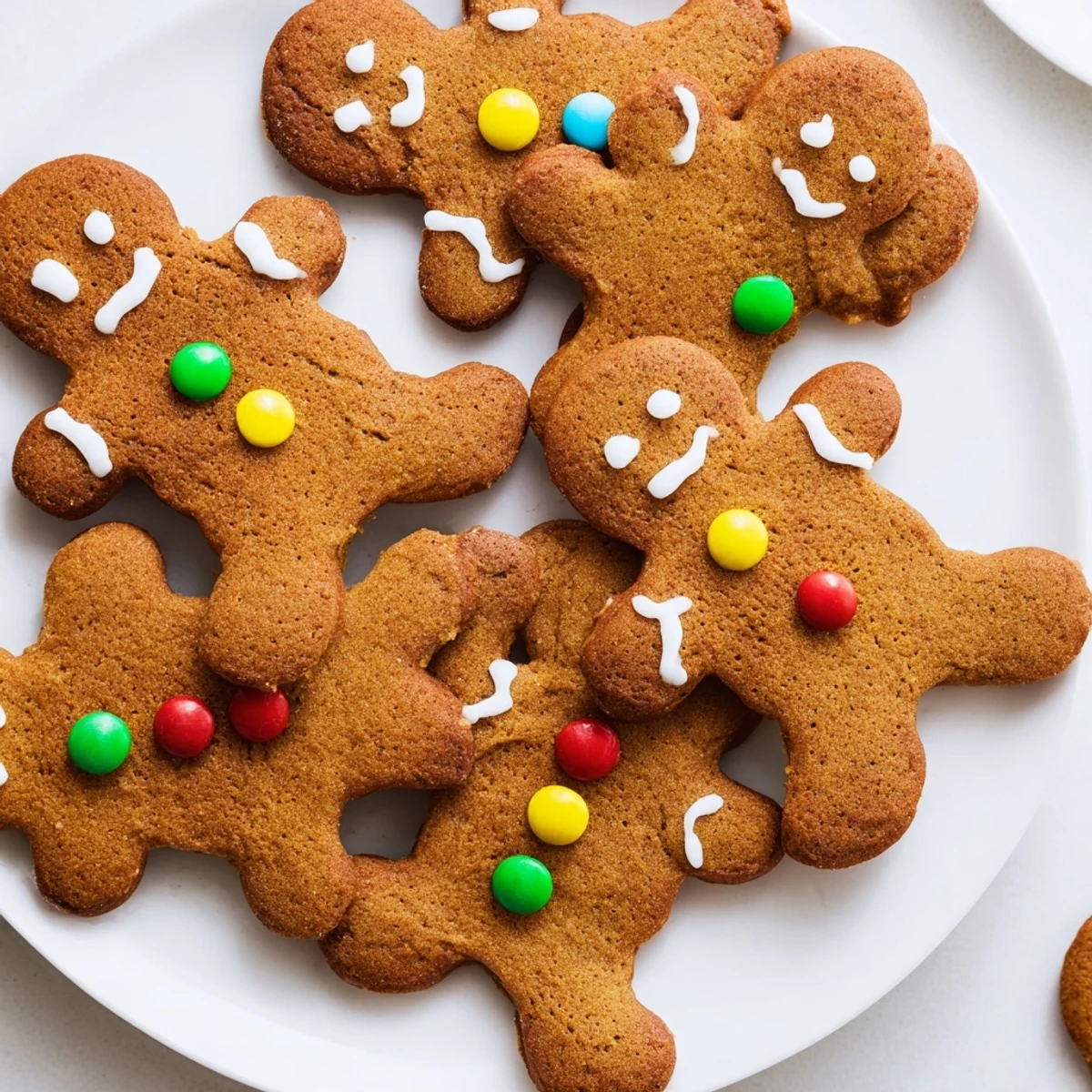 Warm, spice-filled gingerbread men cookies, iced and decorated with colorful candies for a festive treat.