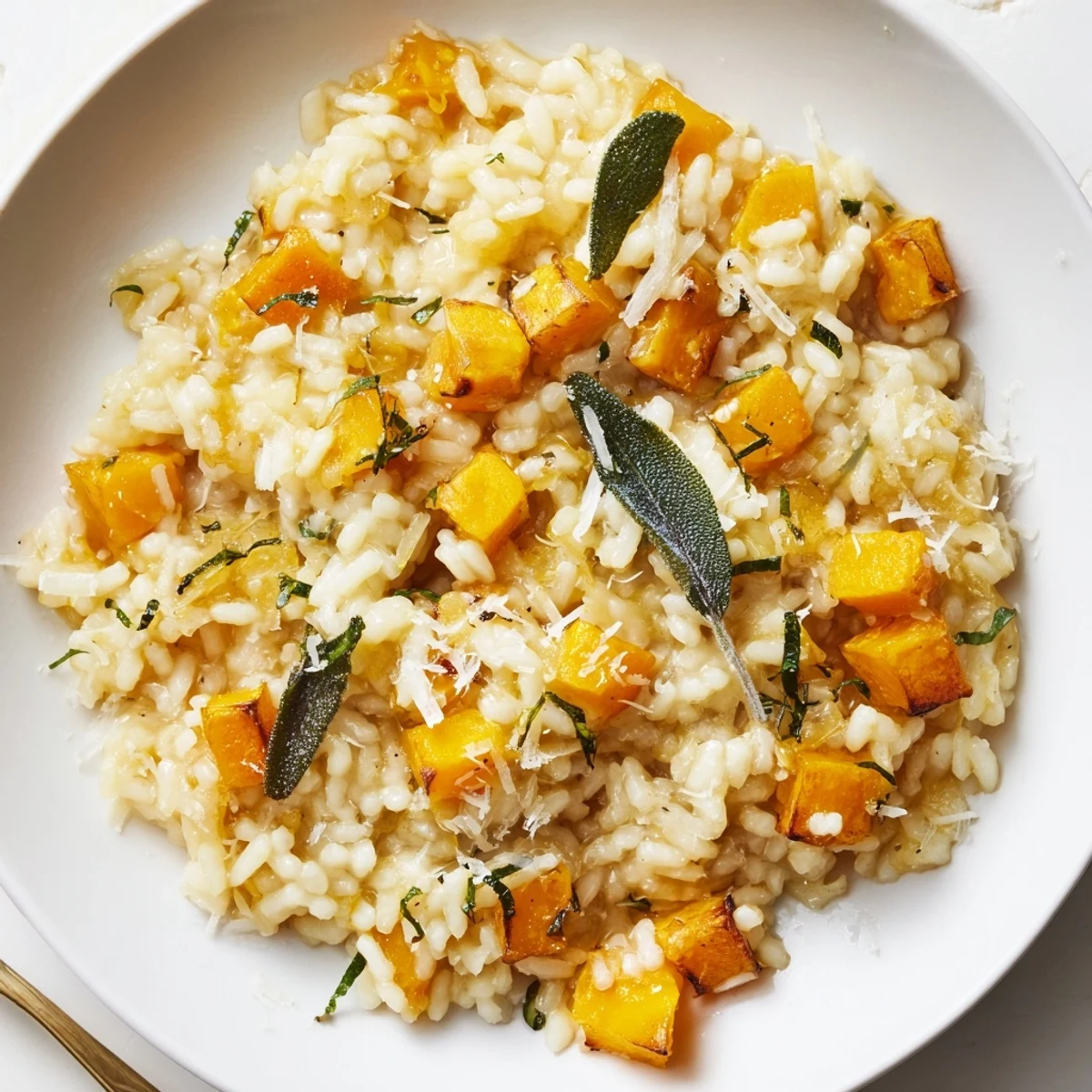 Golden butternut squash risotto with sage, creamy and aromatic, ready to serve on a plate.