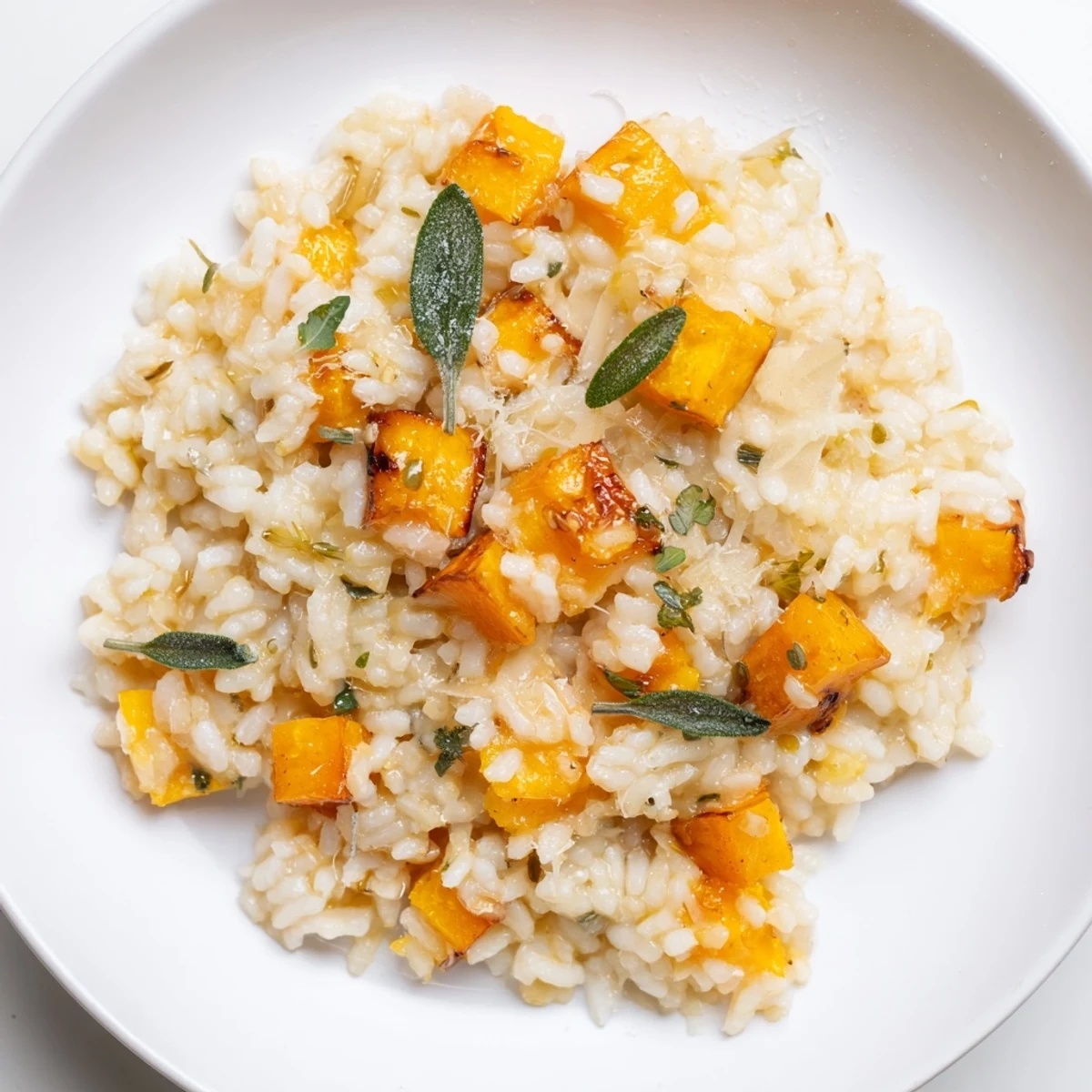 A comforting bowl of butternut squash risotto, garnished with fresh sage, inviting you to eat up.