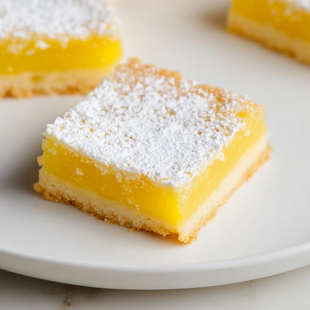 Golden, square Lemon Bars, dusted with powdered sugar, ready for a delicious bite.