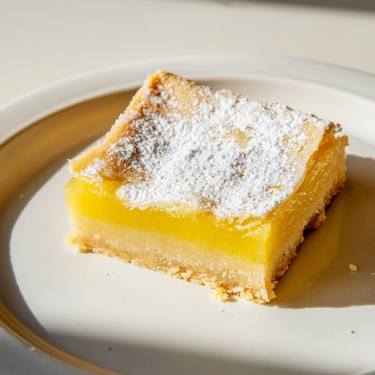 A close-up of freshly baked Lemon Bars showing a sweet, tangy filling atop a buttery crust.