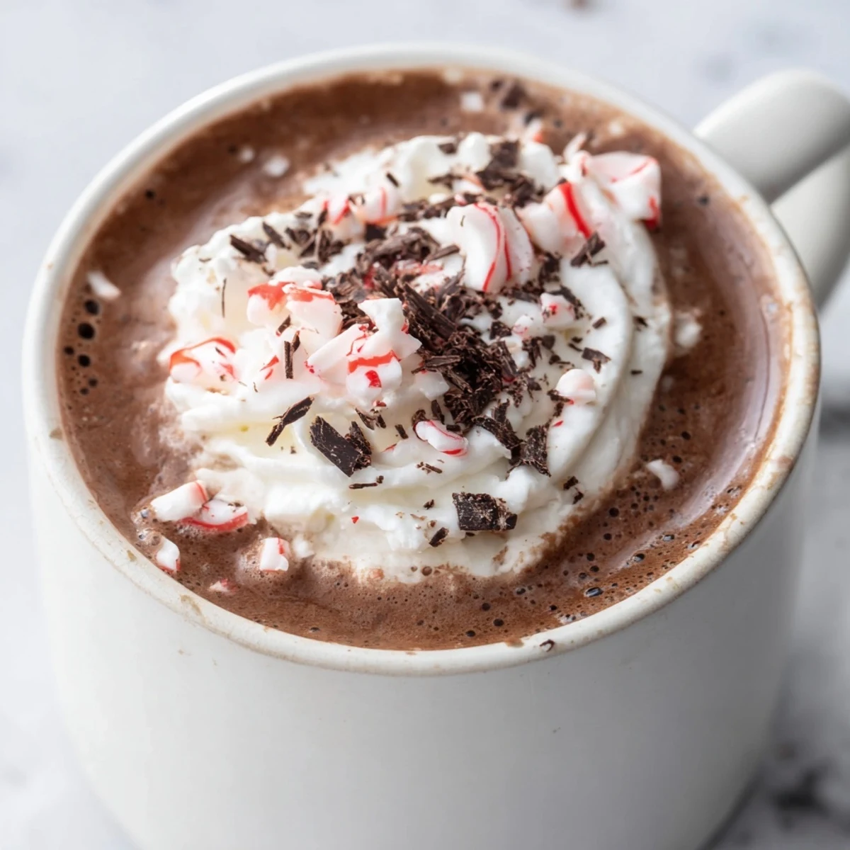 Steaming mug of rich Peppermint Hot Cocoa, topped with fluffy whipped cream and crushed candy canes.