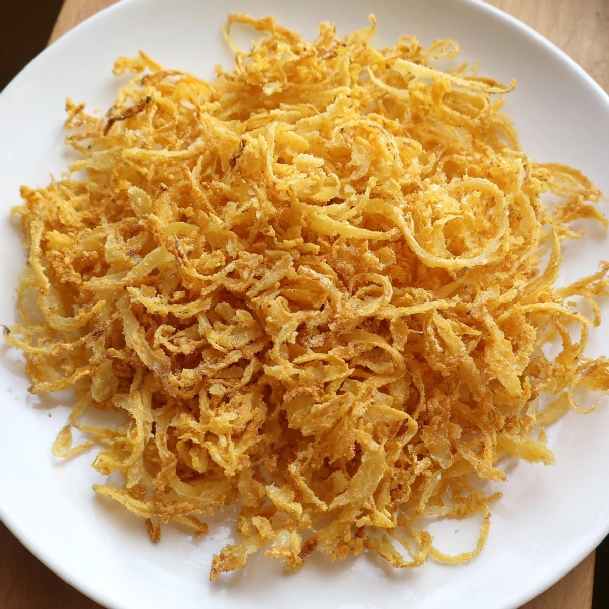A pile of irresistible, fried onions, showing the perfect texture for topping a burger.