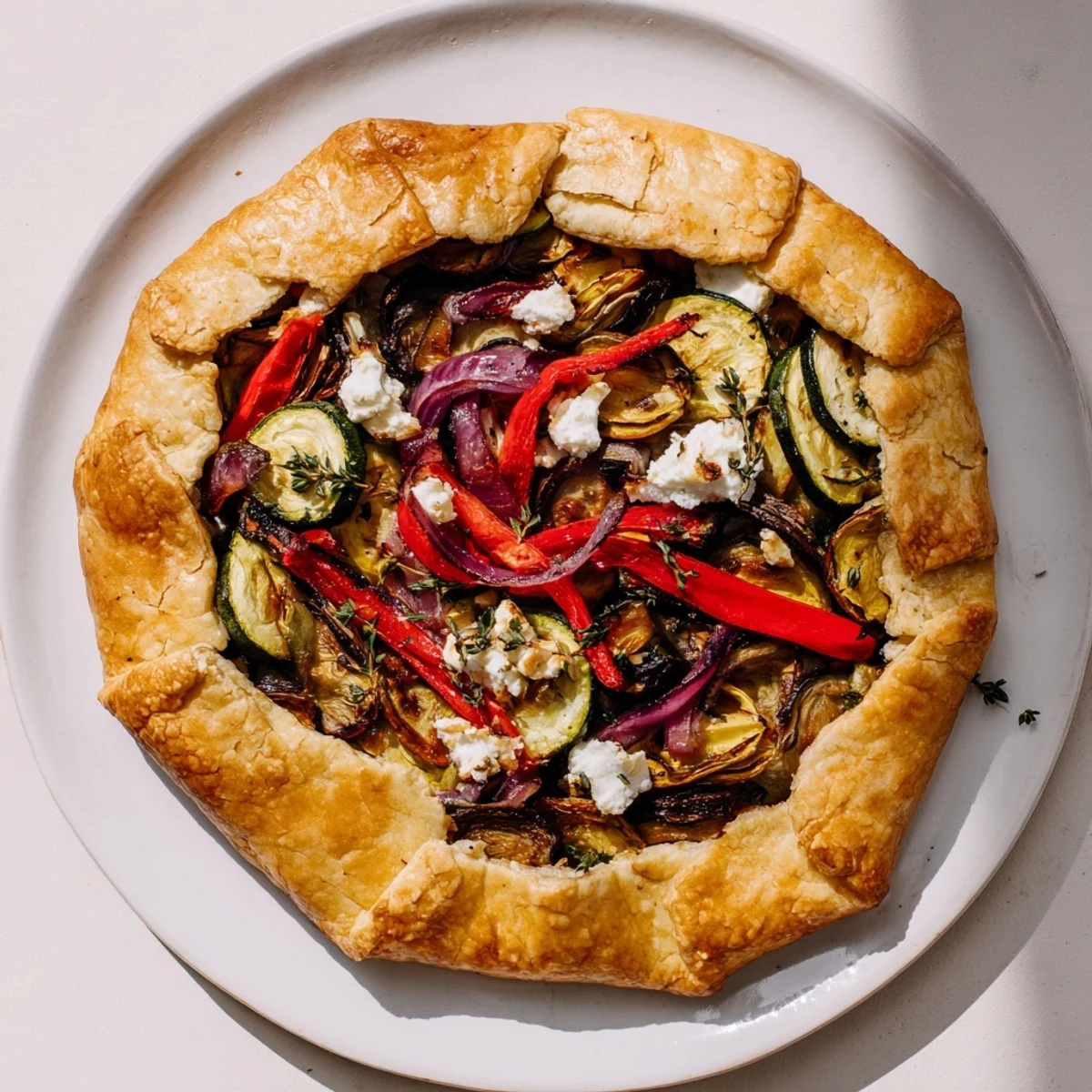 Savory Galette, a golden-crusted tart with roasted vegetables and creamy goat cheese filling.