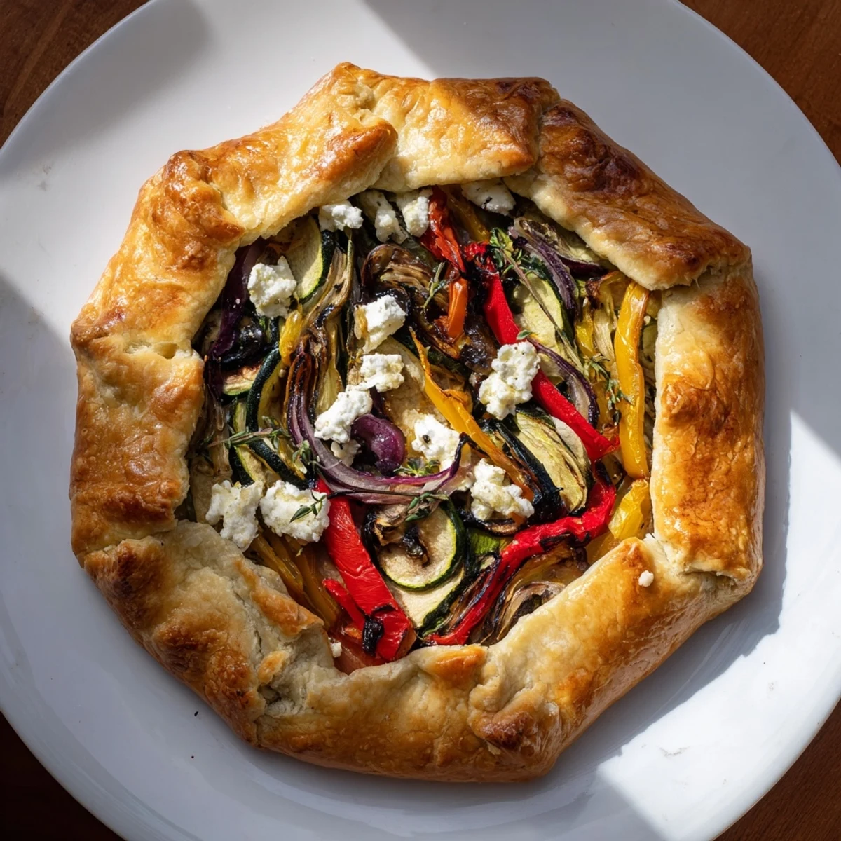 A perfectly baked Savory Galette showcasing colorful roasted vegetables peeking from the flaky crust.