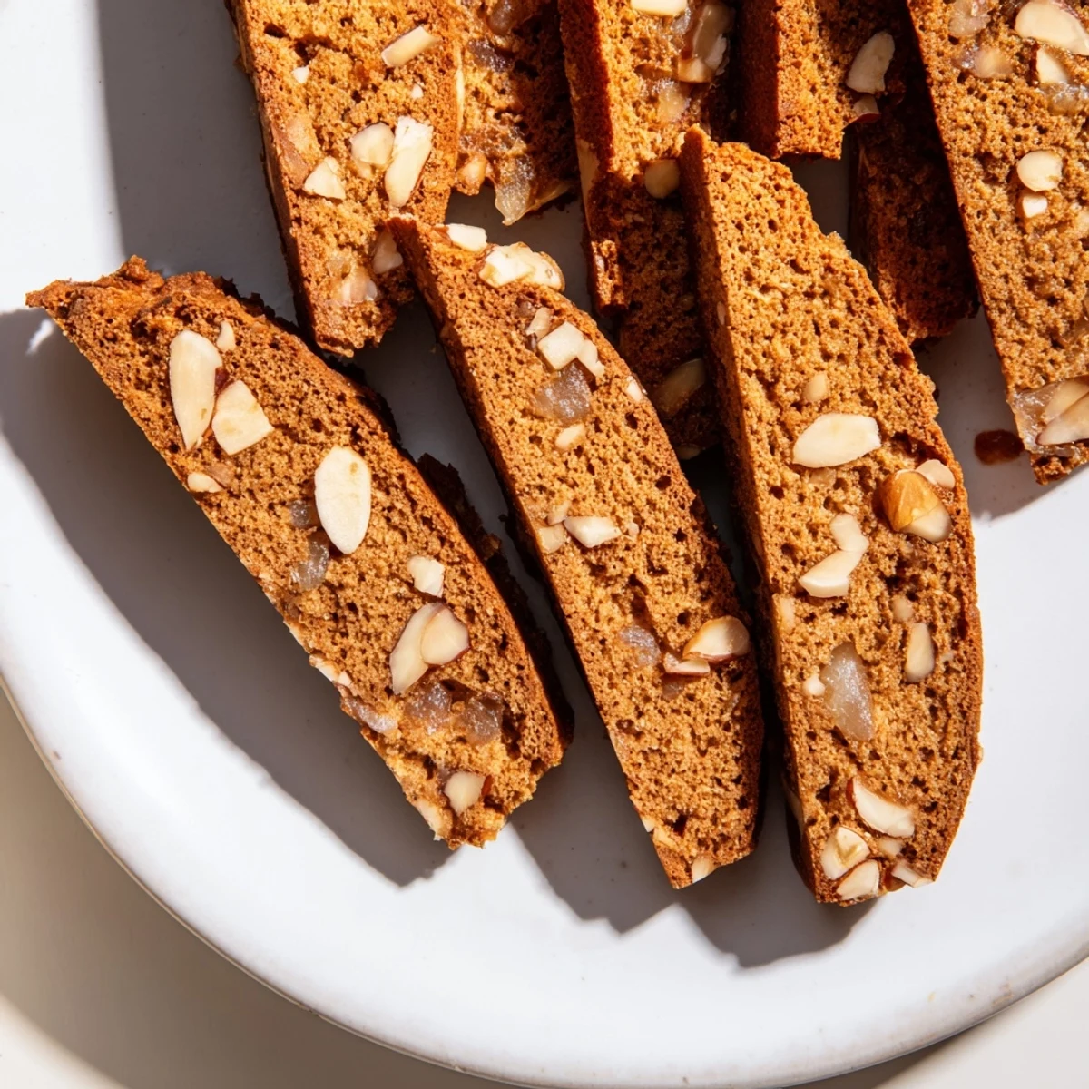 Golden-brown Gingerbread Biscotti, freshly baked with warming spices, ready to be enjoyed.