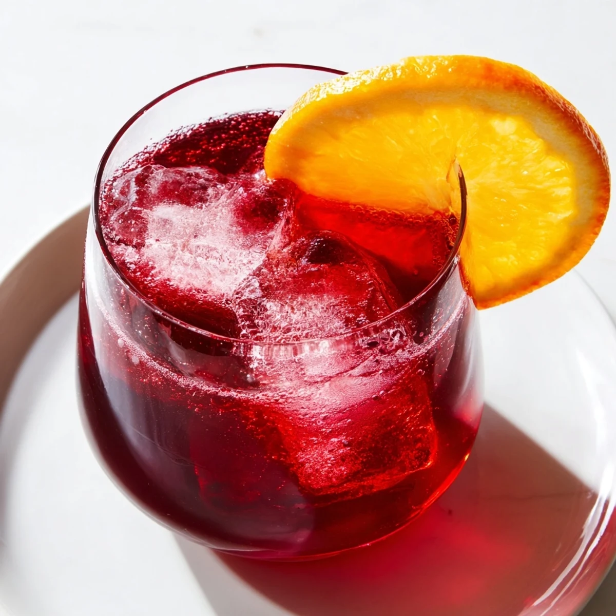 Vibrant red cranberry juice cocktail served in a tall glass, garnished with fresh orange slices.
