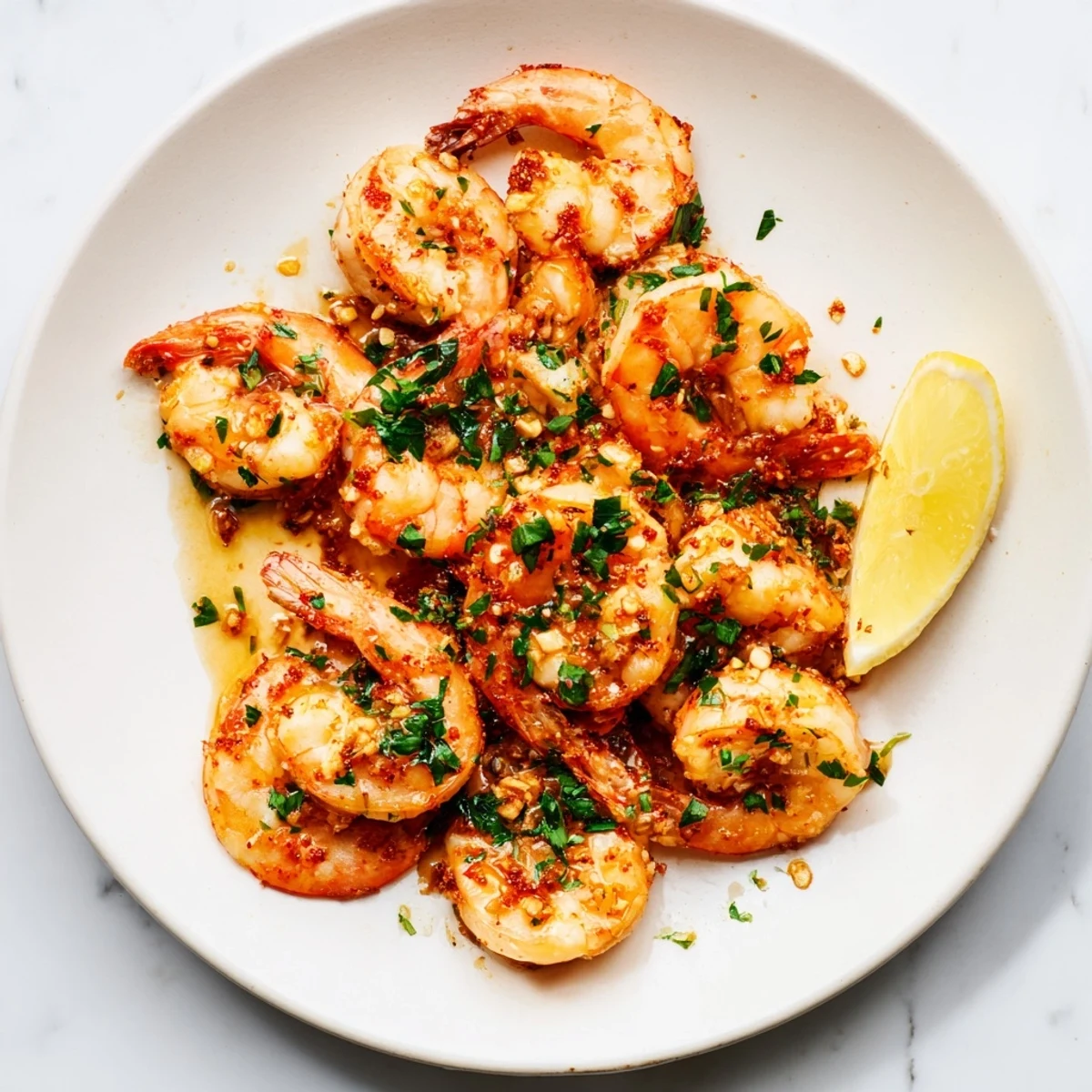 Golden garlic shrimp glistening with a savory butter sauce, ready to serve with lemon wedges.