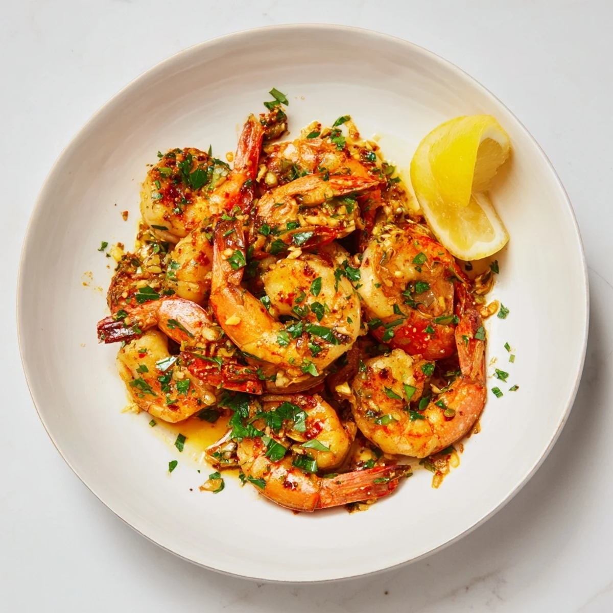Close-up of perfectly cooked garlic shrimp, showcasing succulent pieces in a flavorful garlic butter.