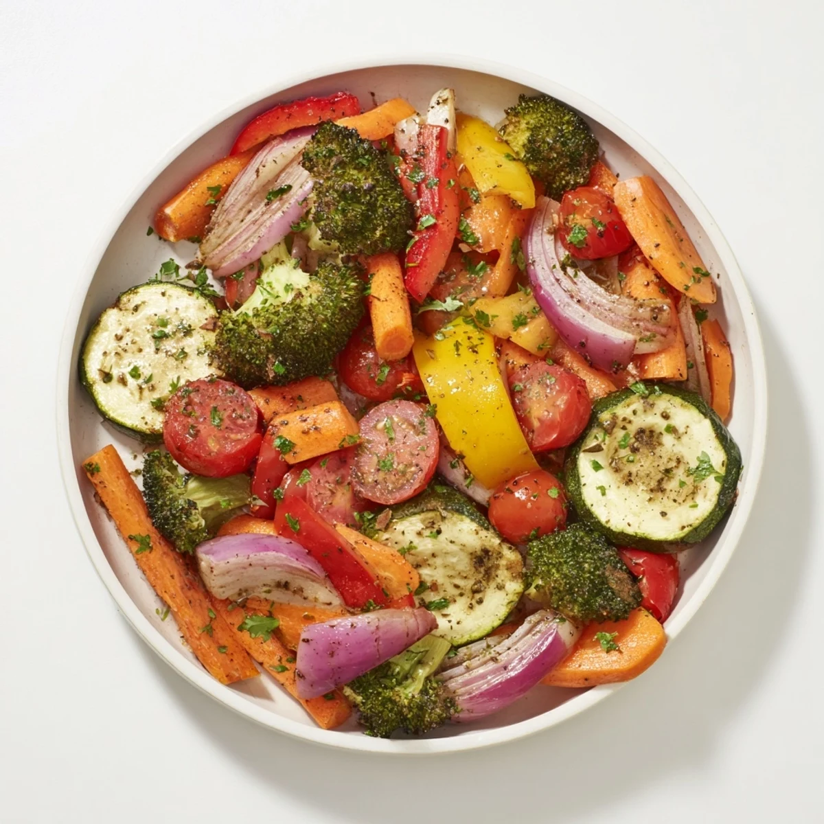 Vibrant roasted vegetables glistens with olive oil, herbs, and slightly charred edges, a delicious side.