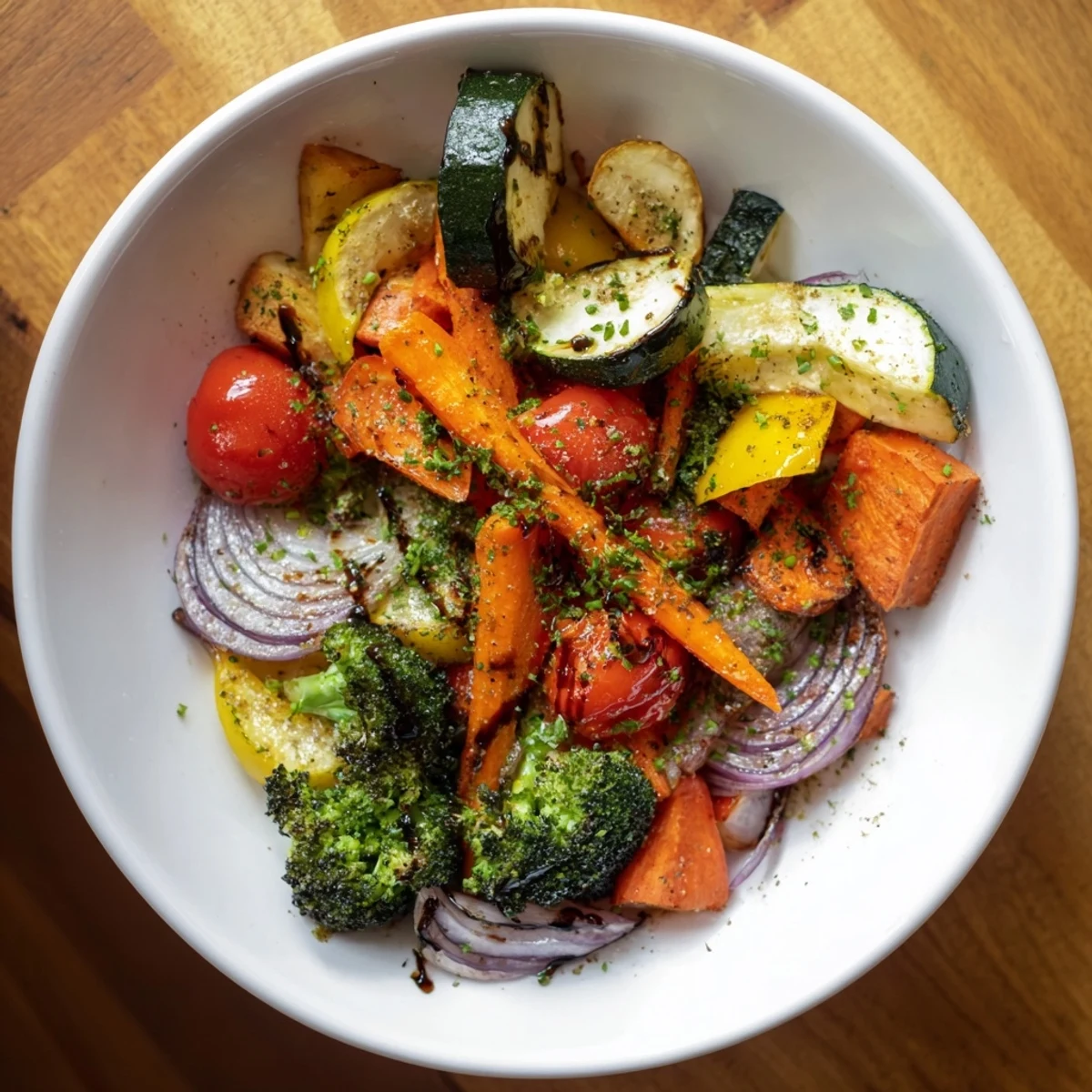 A colorful, close-up view of roasted vegetables, tender with caramelized red onion and bell peppers.