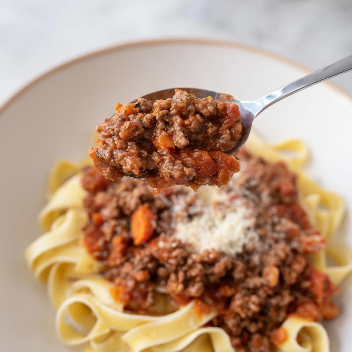 A close-up of steaming Beef Bolognese served over pasta, ready to be enjoyed with Parmesan.