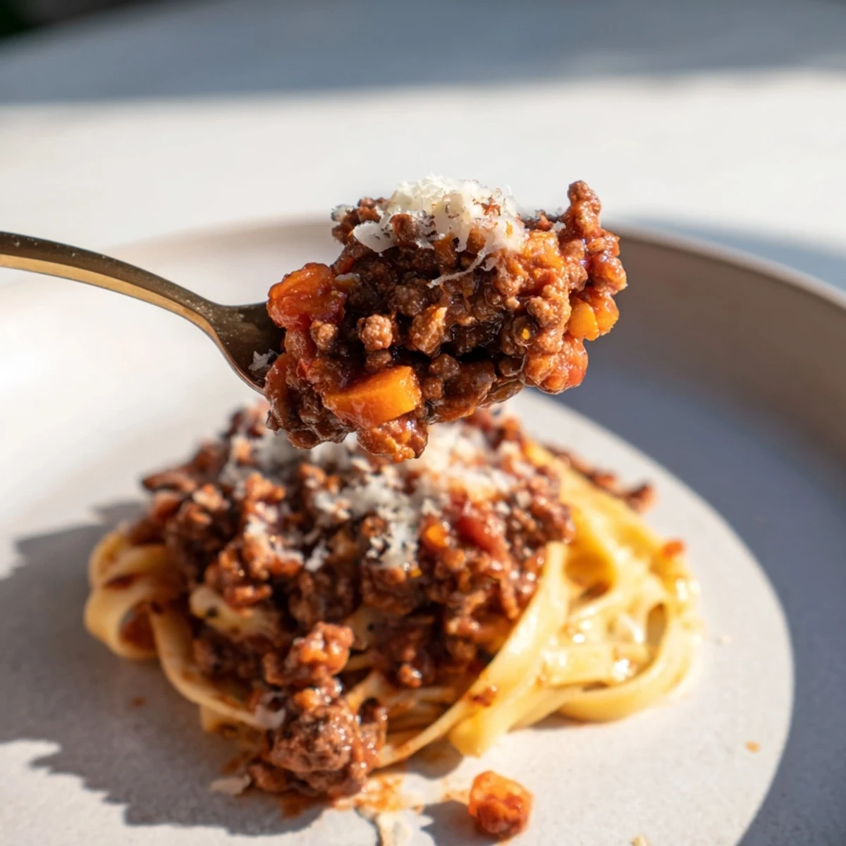 Plated Beef Bolognese with a generous topping of cheese and fresh herbs, ready for a delicious meal.