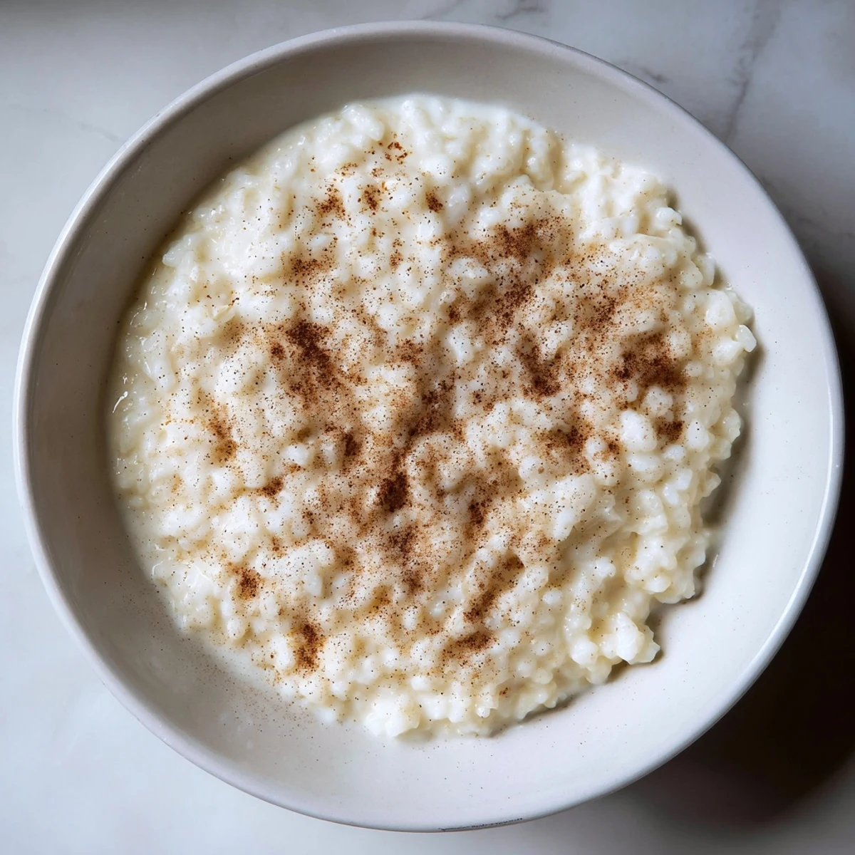 Warm and creamy rice pudding speckled with cinnamon, ready to serve as a comforting dessert.
