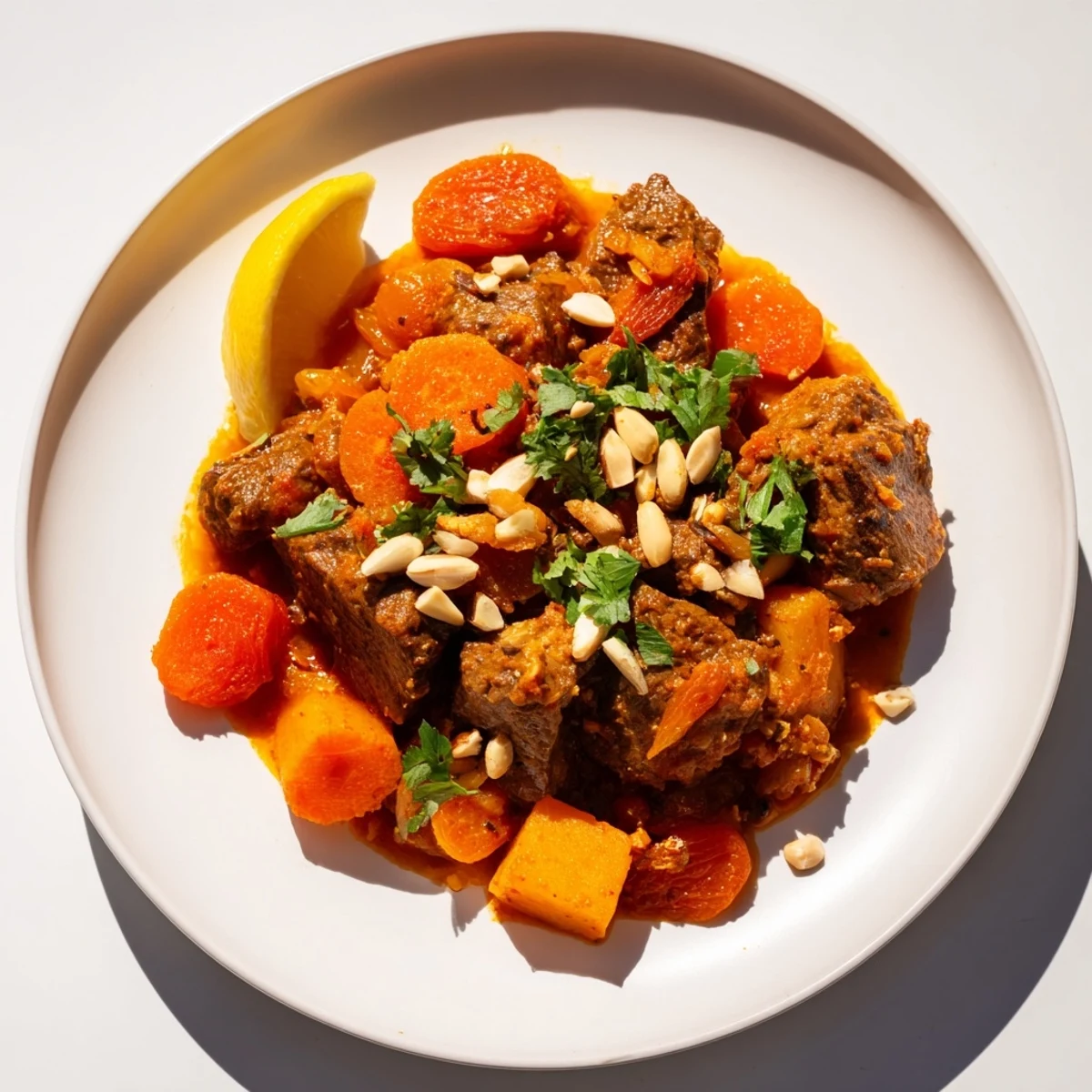 Slow Cooked Moroccan Lamb Tagine: a steaming bowl with tender lamb, carrots, and sweet dried fruit.