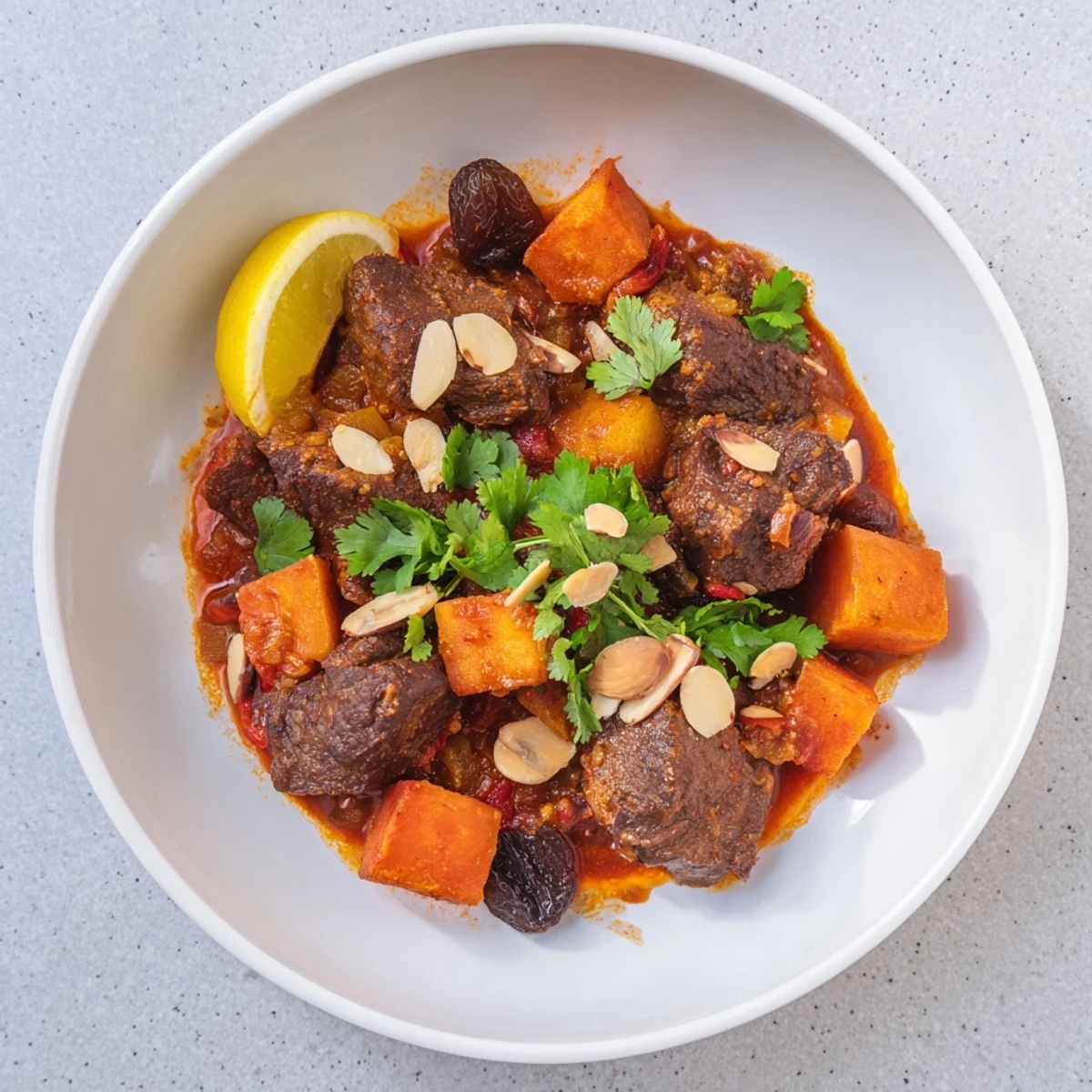 Garnished Slow Cooked Moroccan Lamb Tagine, showcasing vibrant flavors of a rich stew with almonds and cilantro.