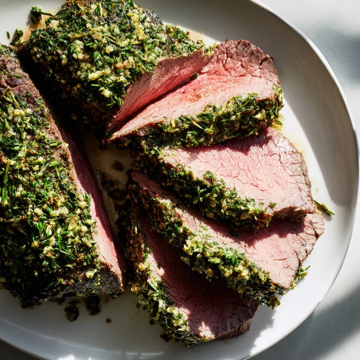 Perfectly cooked herb crusted roast beef tenderloin, with a golden-brown crust, resting before carving.