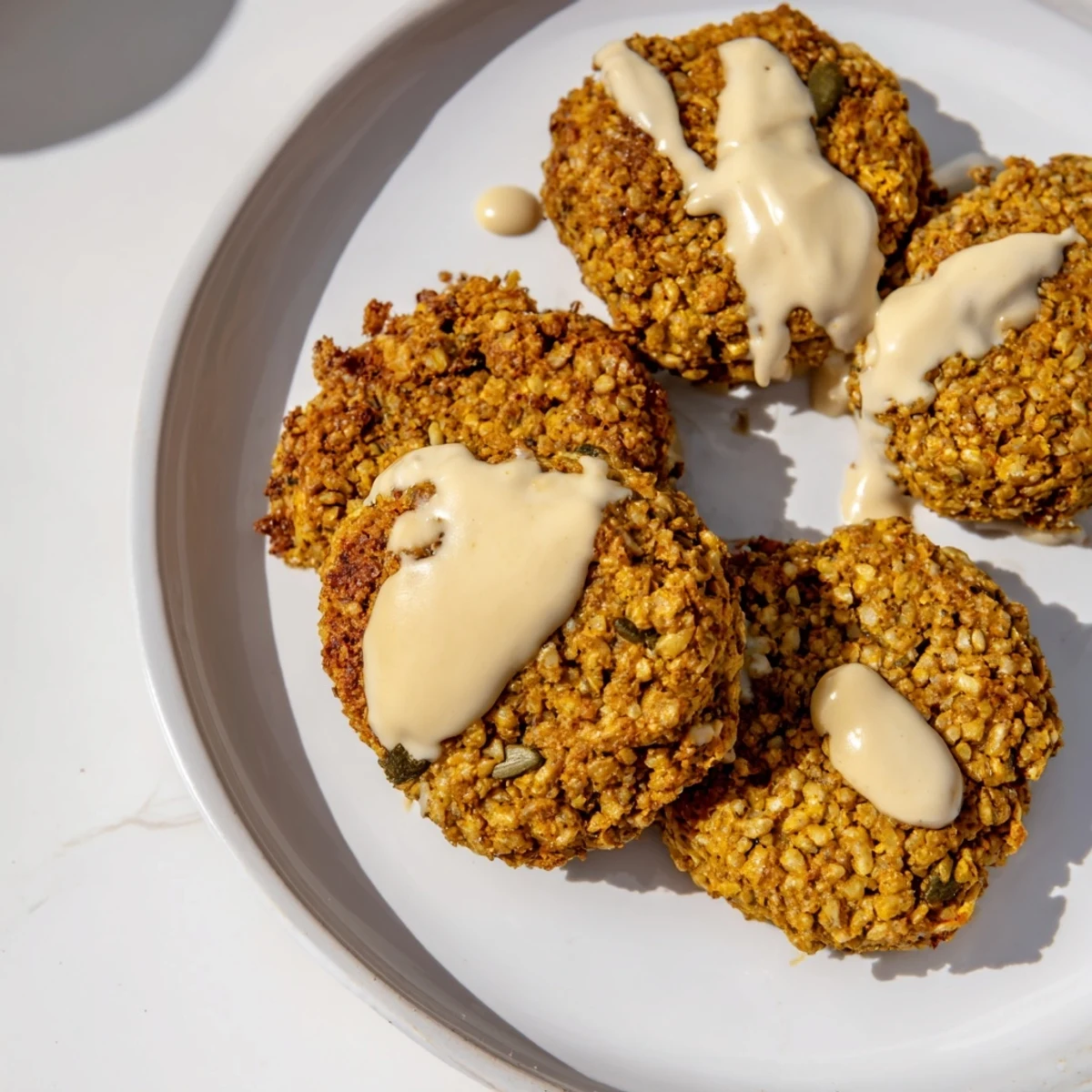 Golden and crispy falafel, ready to be drizzled with creamy tahini sauce, a perfect vegan meal.