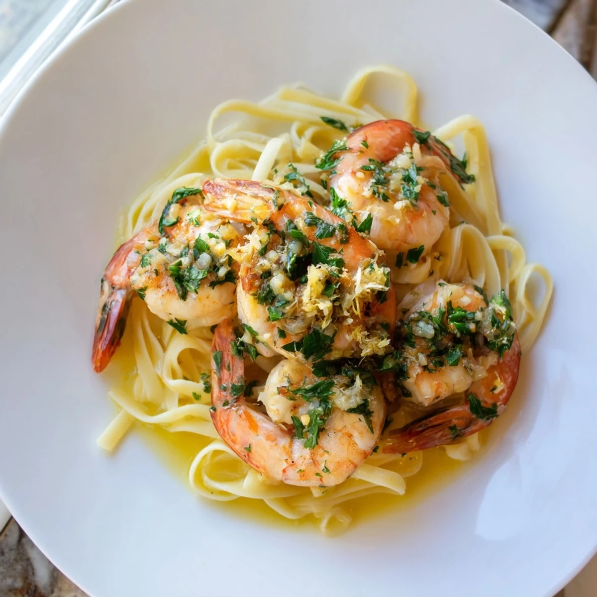 Sizzling Lemon Garlic Butter Shrimp Scampi, glistening from the pan, ready over pasta with fresh parsley.