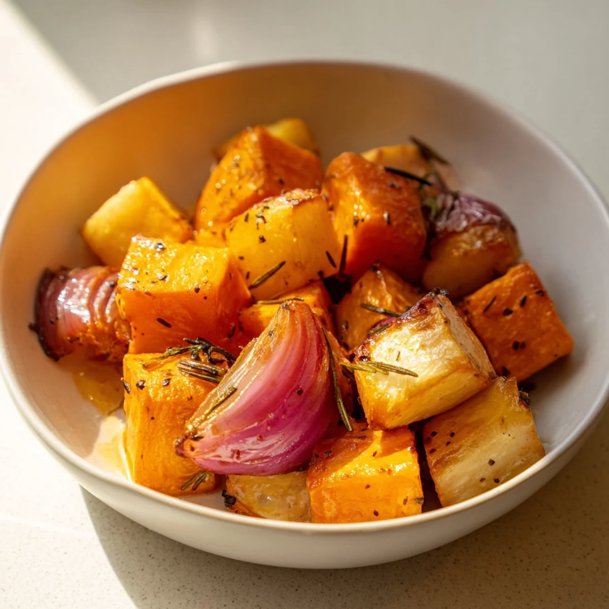 Golden-brown Roasted Root Vegetable Medley, a colorful and flavorful side dish, ready to serve.