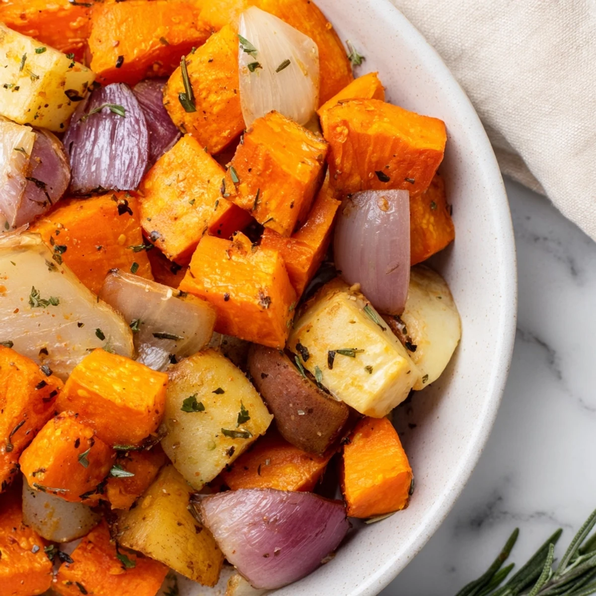 A close-up view of a steaming Roasted Root Vegetable Medley, tender and perfectly seasoned for dinner.