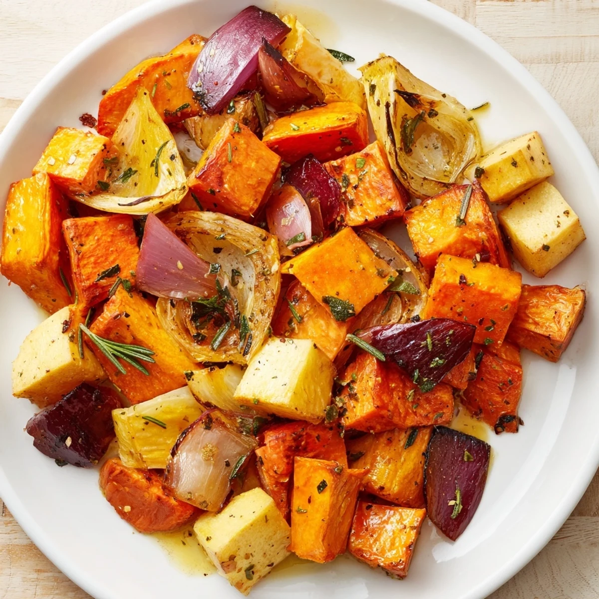 This beautiful Roasted Root Vegetable Medley with herbs offers a comforting, healthy, vegetarian meal option.