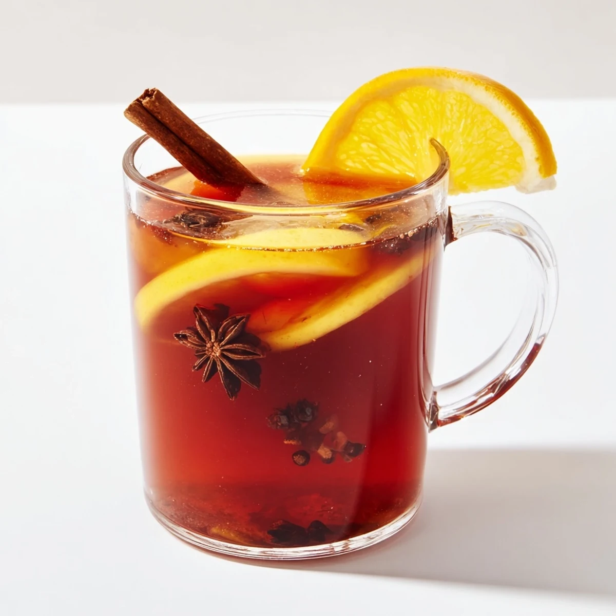 Steaming mug of Spiced Hot Fruit Punch, garnished with orange slice, a comforting winter treat.
