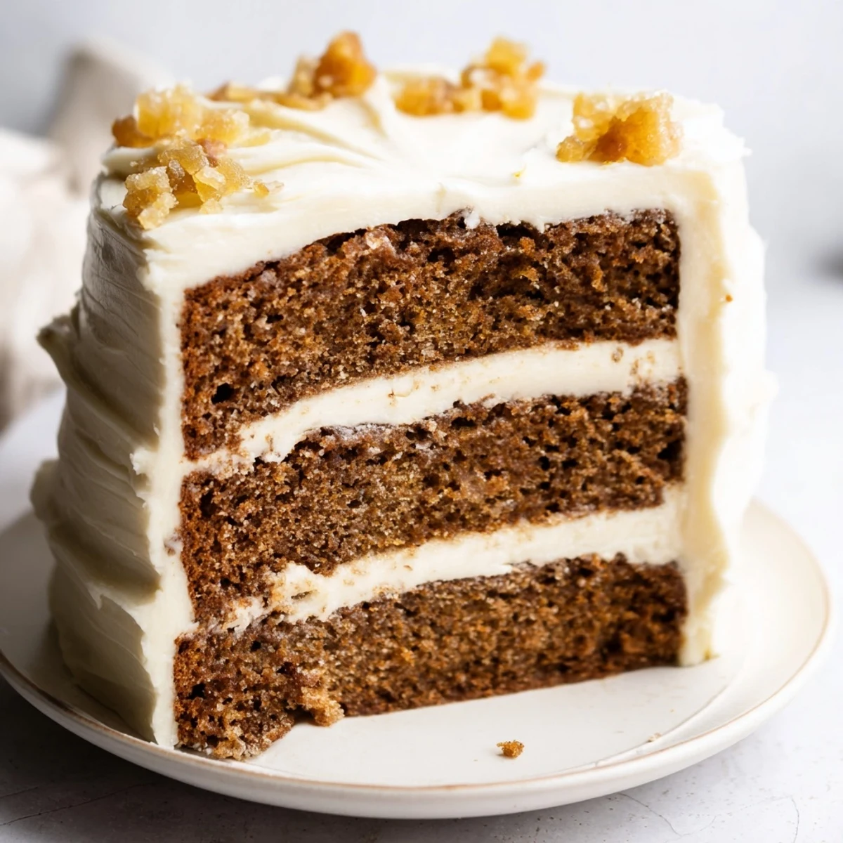 A tall slice of Gingerbread Layer Cake, frosted generously, ready to enjoy with a warm drink.