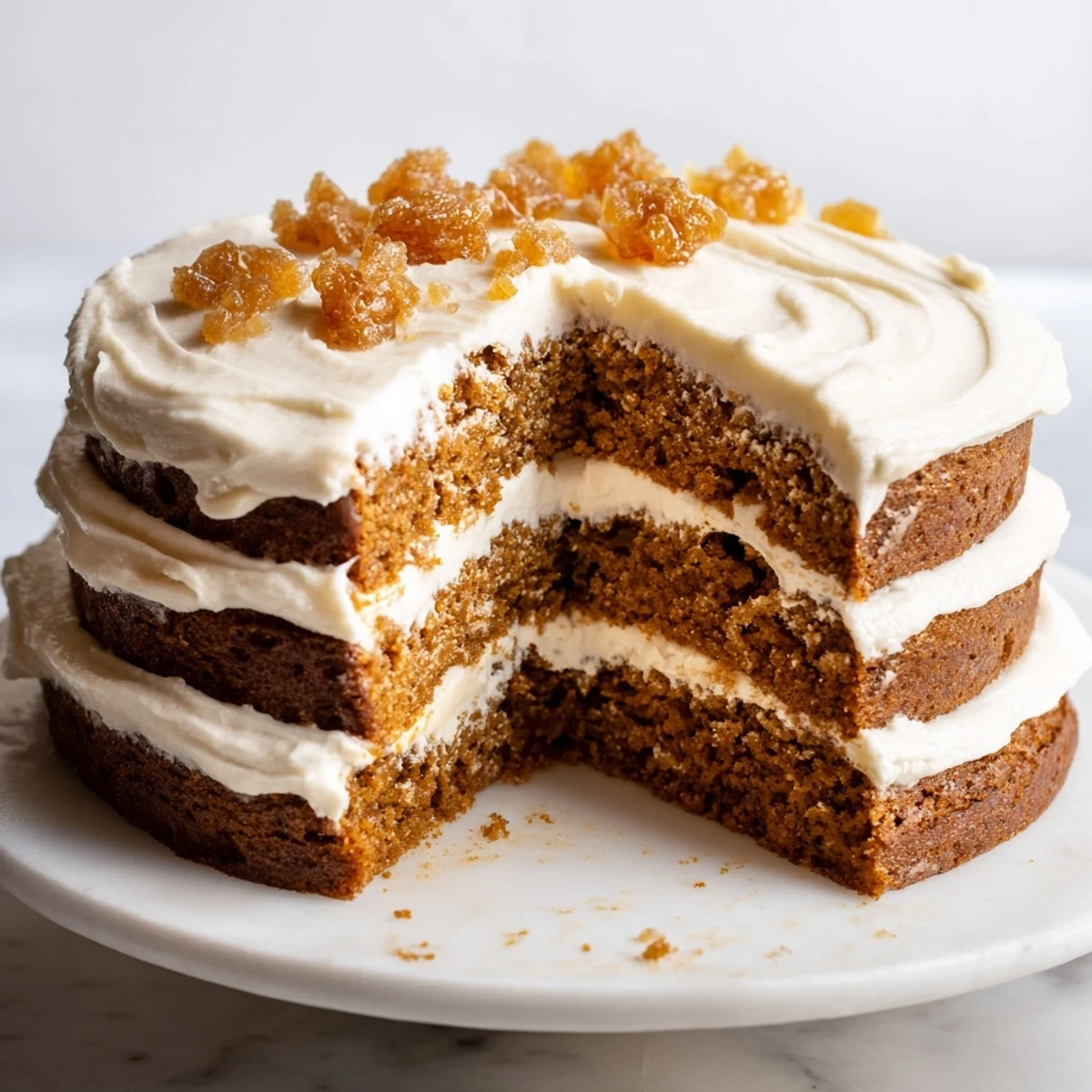 Close-up of a festive Gingerbread Layer Cake, richly spiced and beautifully layered, waiting to be served.