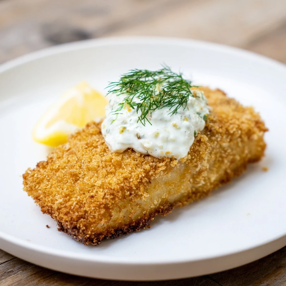 A close-up of perfectly golden, crispy fried cod, ready to dip in creamy tartar sauce.