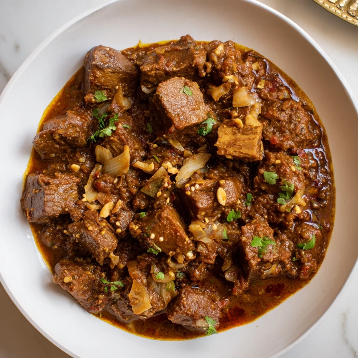 The rich, red sauce of Slow Cooked Lamb Curry has tender lamb and is garnished with fresh cilantro.