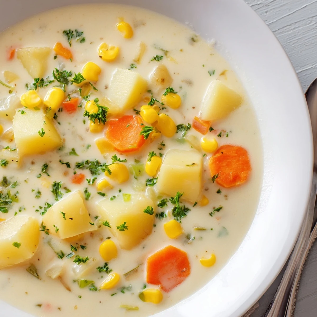 Creamy Potato and Corn Chowder, steaming hot, with a swirl of cream and fresh chives, ready to eat.