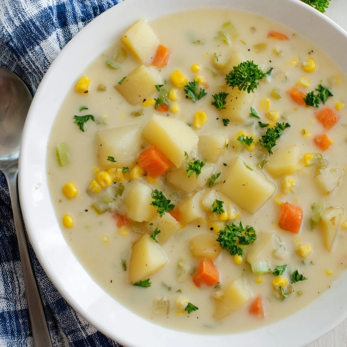 A hearty bowl of Creamy Potato and Corn Chowder, topped with cheddar cheese and crispy bacon.