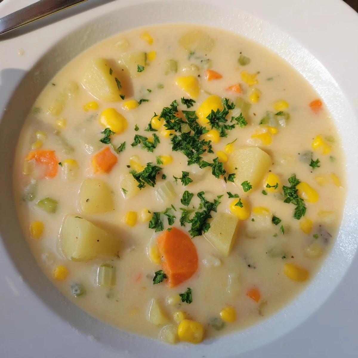 Thick and creamy Creamy Potato and Corn Chowder, perfect for a cozy, comforting bowl on a cold day.
