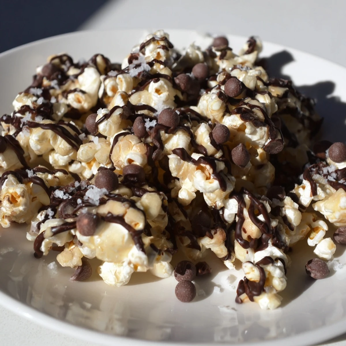 Close-up of freshly drizzled chocolate popcorn, a sweet, and delicious snack.
