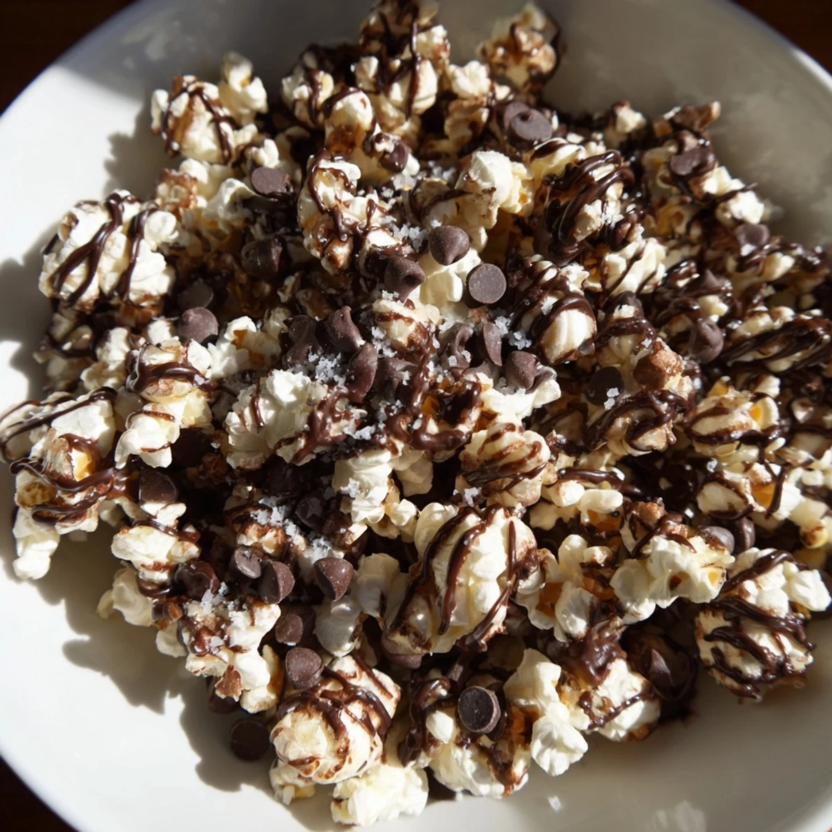 A batch of homemade chocolate drizzle popcorn, sprinkled with salt and ready to enjoy.