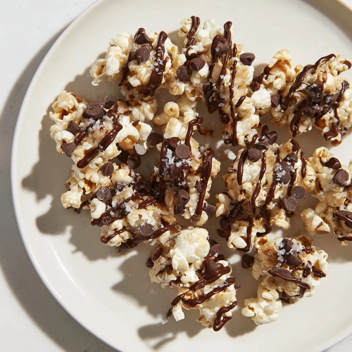 Sweet, crunchy chocolate drizzle popcorn, perfectly coated and ready for serving in a bowl.