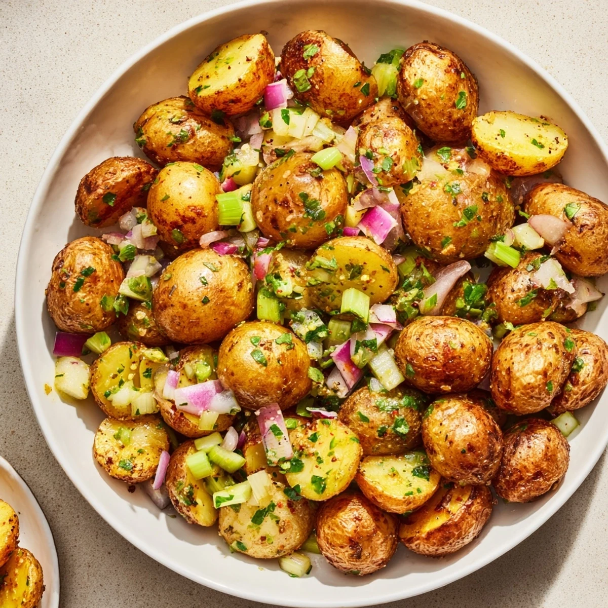 Golden, crispy roasted potato salad with fresh herbs and a tangy mustard dressing, perfect side dish.