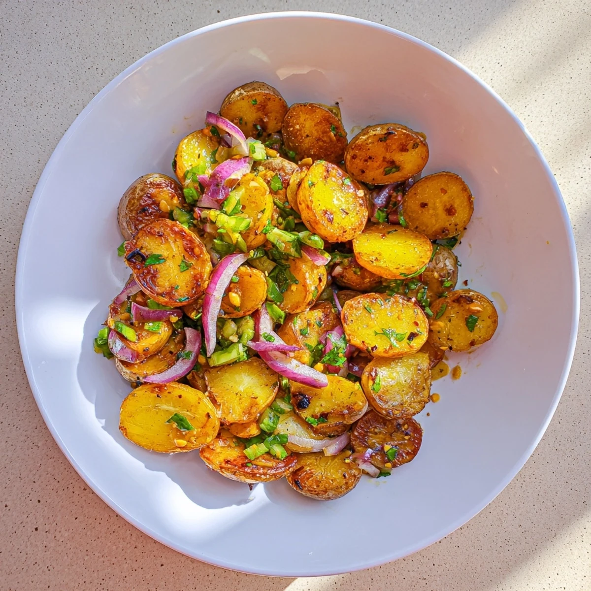 A vibrant bowlful of roasted potato salad, boasting tender potatoes, crunchy celery, and bright flavors.