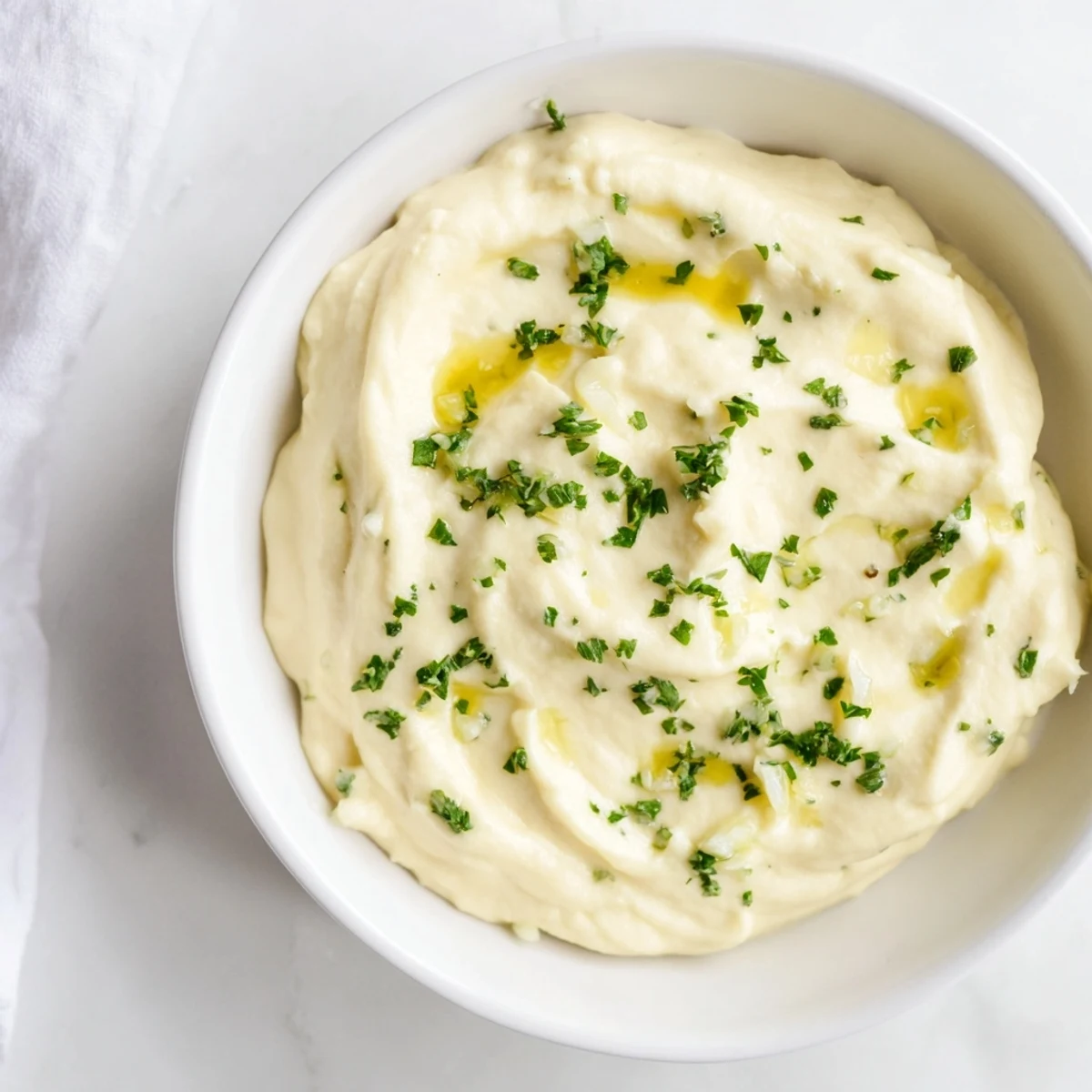 Freshly made Garlic Aioli Dip with vibrant green parsley, perfect for dipping vegetables.