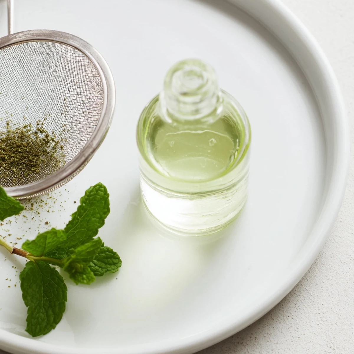 Close-up shot of homemade peppermint oil extract, potent and intensely refreshing for your recipes.