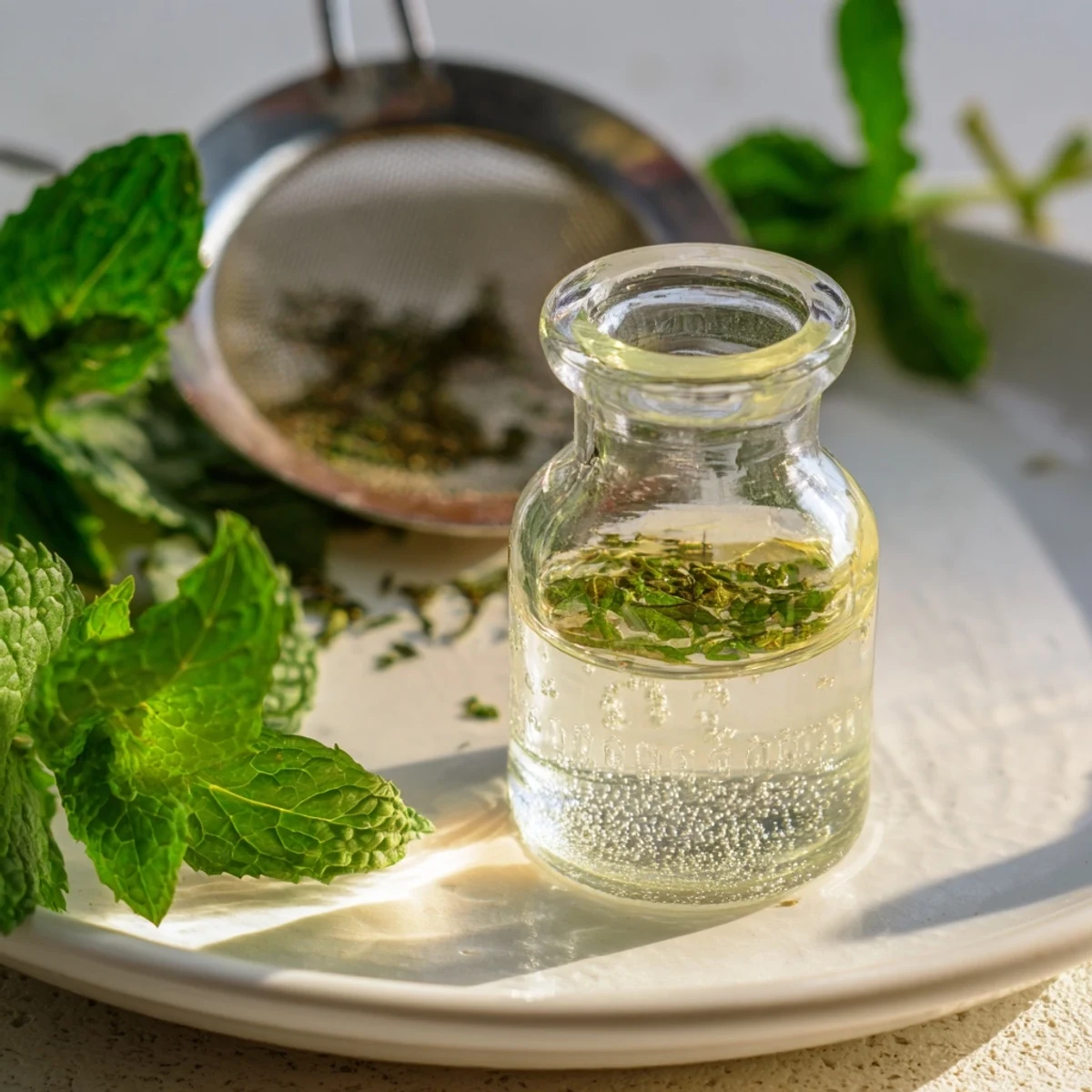 Vibrant, clear homemade peppermint oil extract being poured into a dark glass bottle for storage.