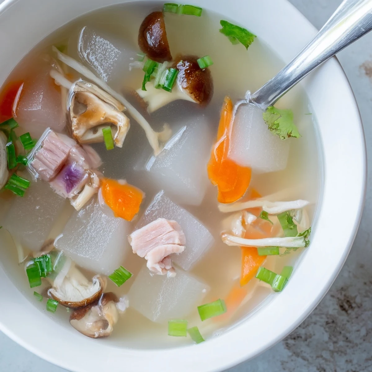 Enjoy a steaming bowl of homemade Winter Melon Soup; the broth is flavorful and so inviting.